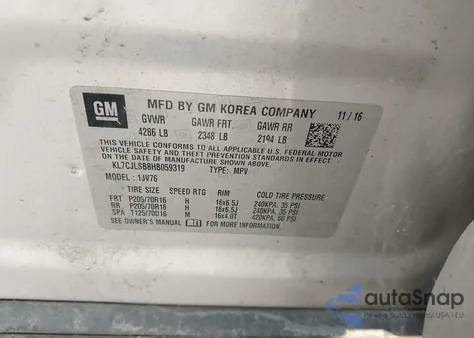 2017 Chevrolet Trax Lt z USA, uszkodzony, nr VIN KL7CJLSB8HB059319